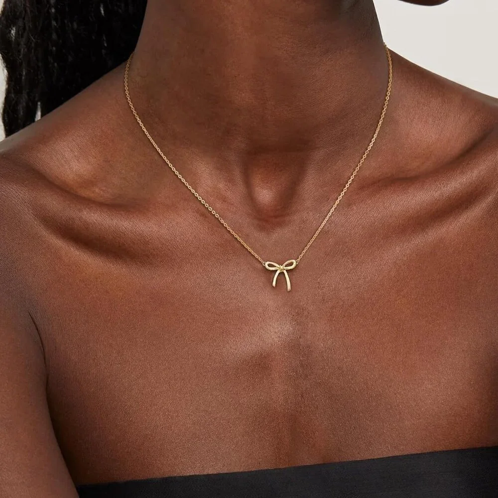 Women's Gold Necklace Cute Small Tiny Bow Pendant Choker Chain Necklace